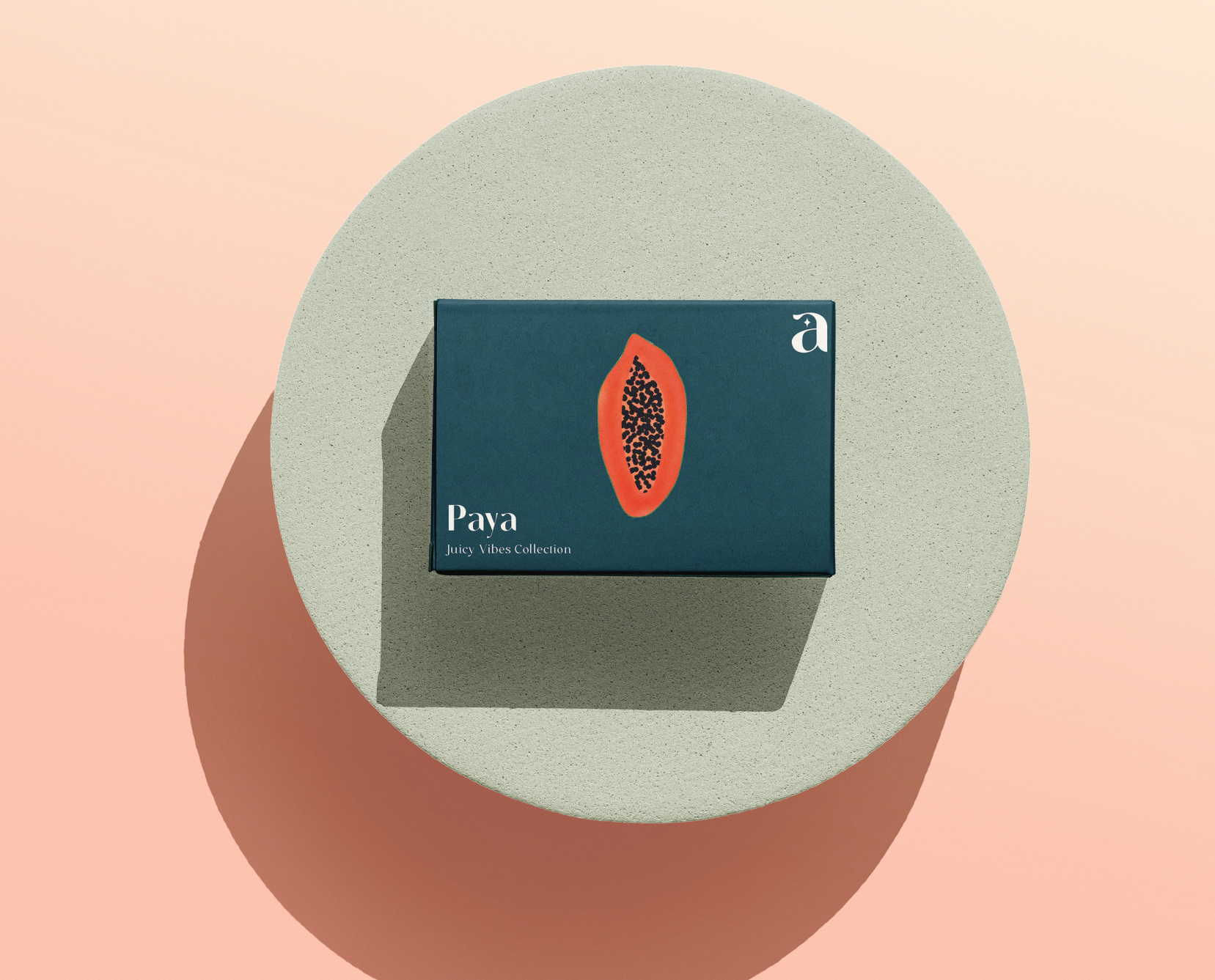 Product box mockup with papaya illustration and Aurora logo