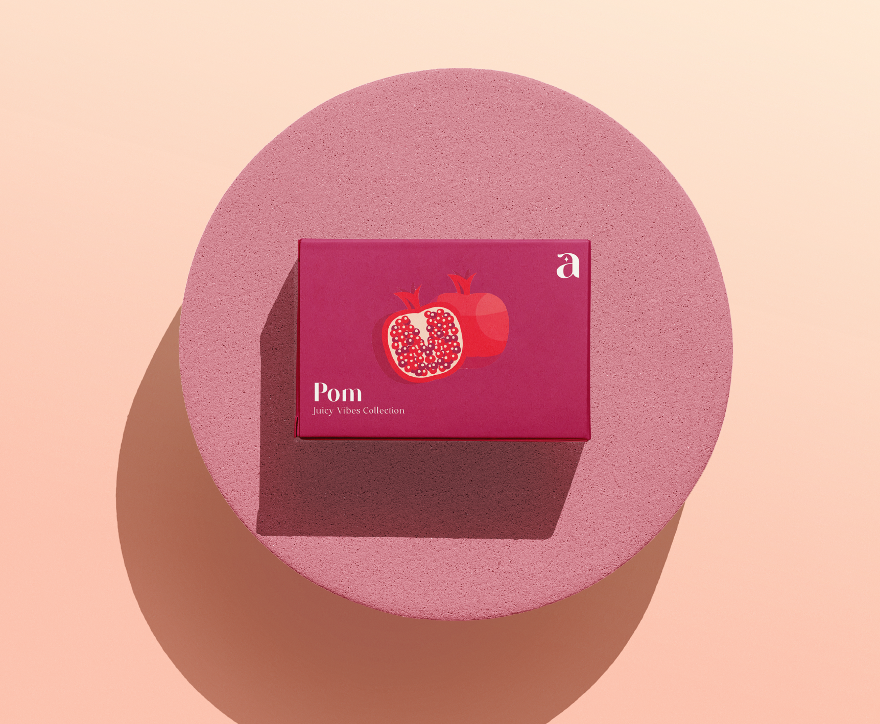 Product box mockup with  pomegranite illustration and Aurora logo.