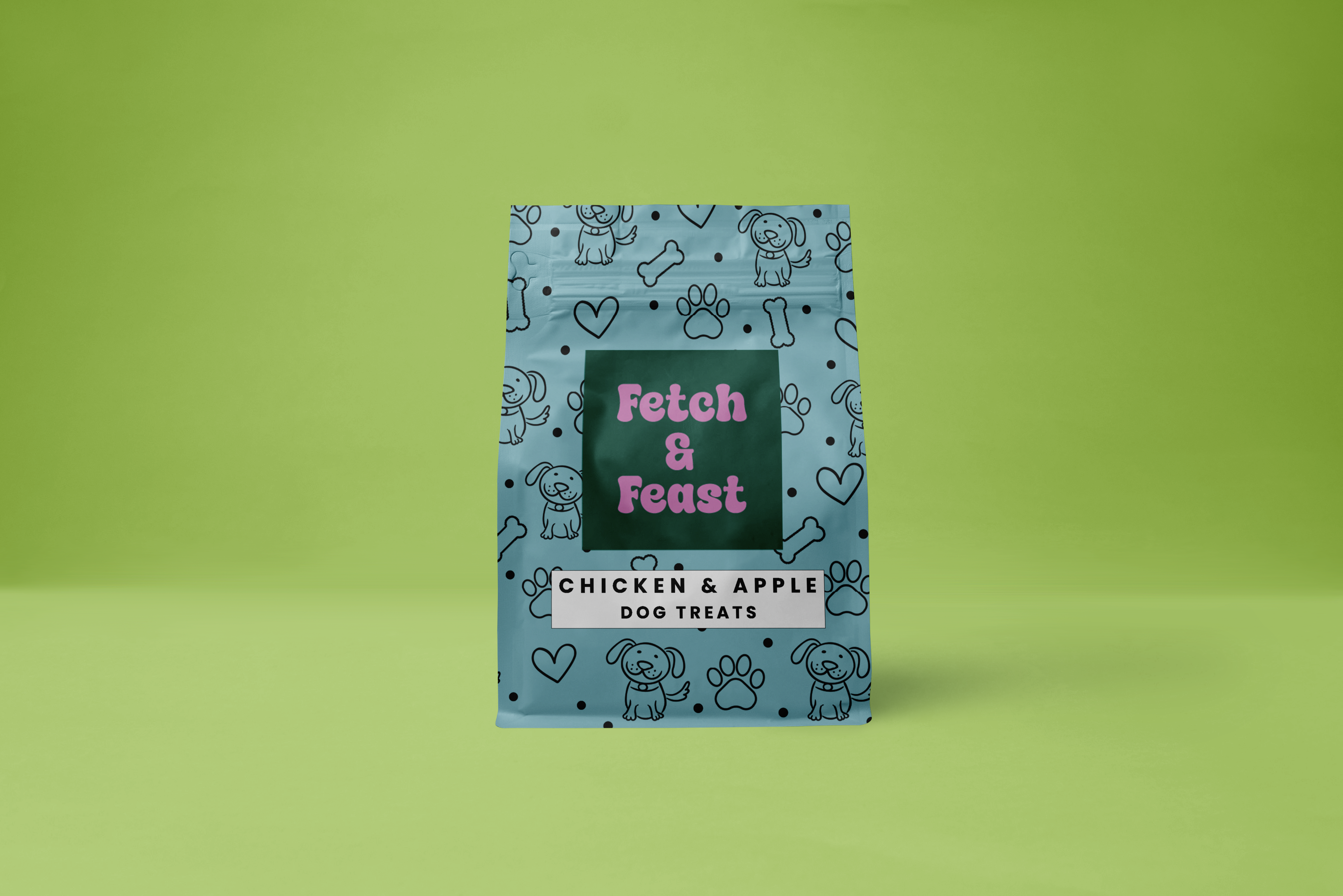 Blue dog treat bag mockup with green background.