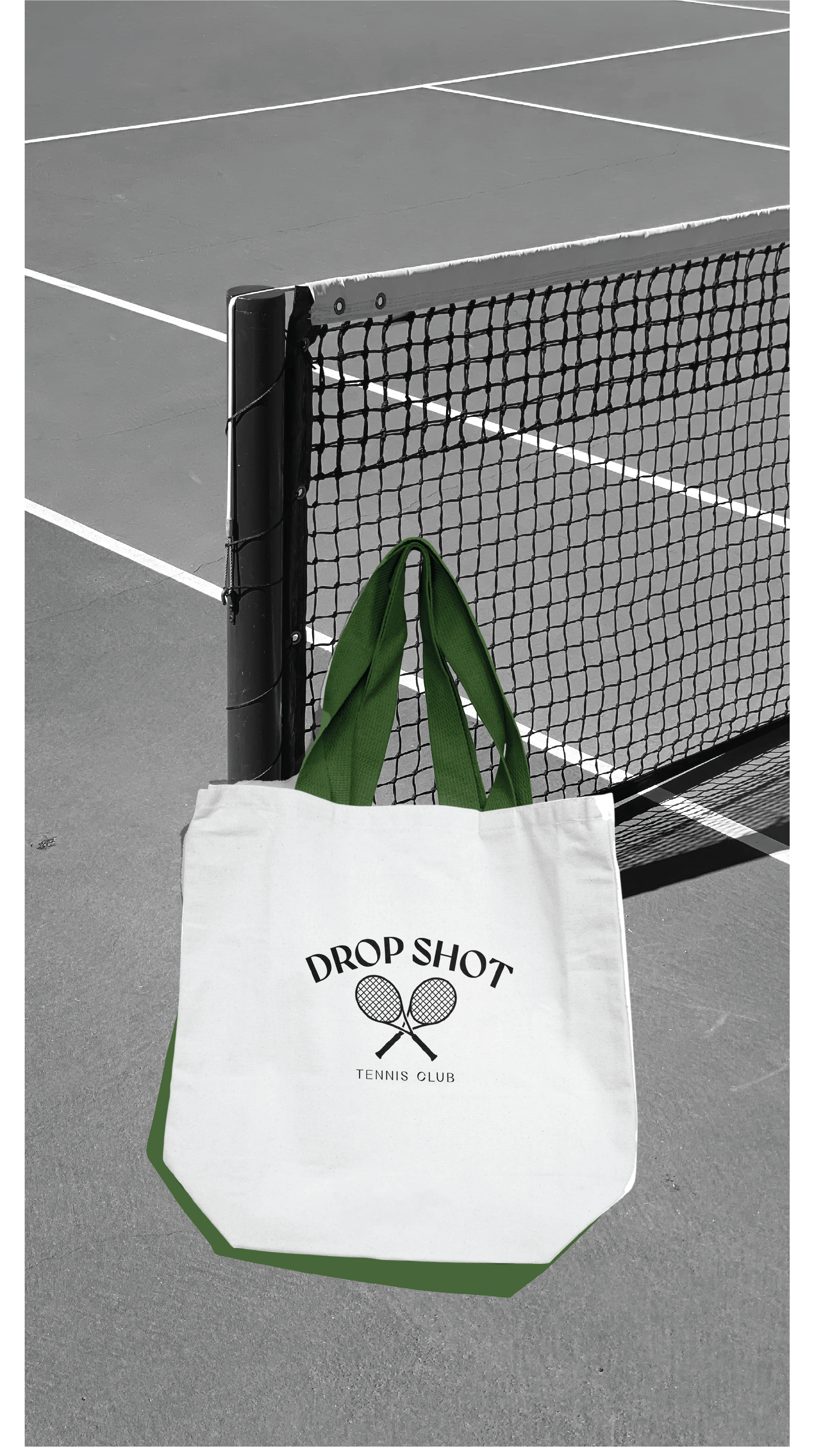 Tote bag mockup with black drop shot logo on a black and white photo of a tennis net.