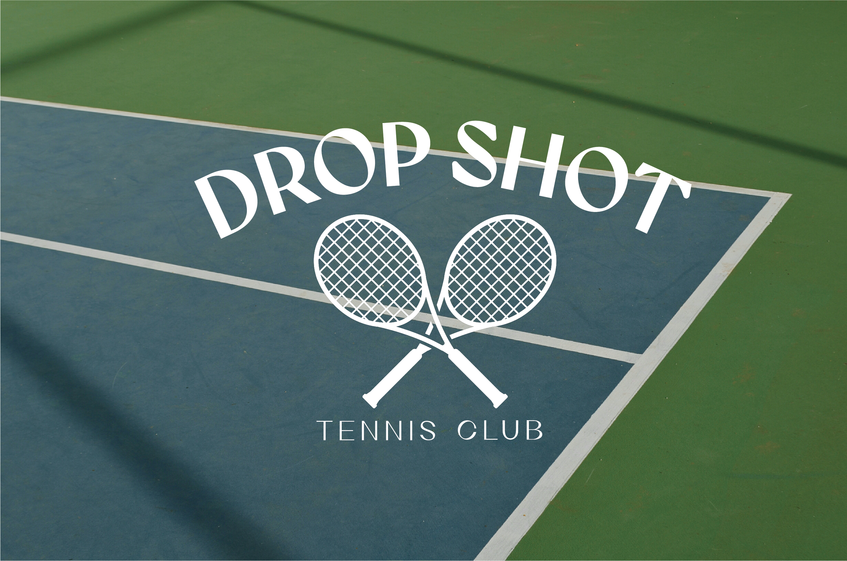 photo of a tennis court with the Drop Shot logo in white.