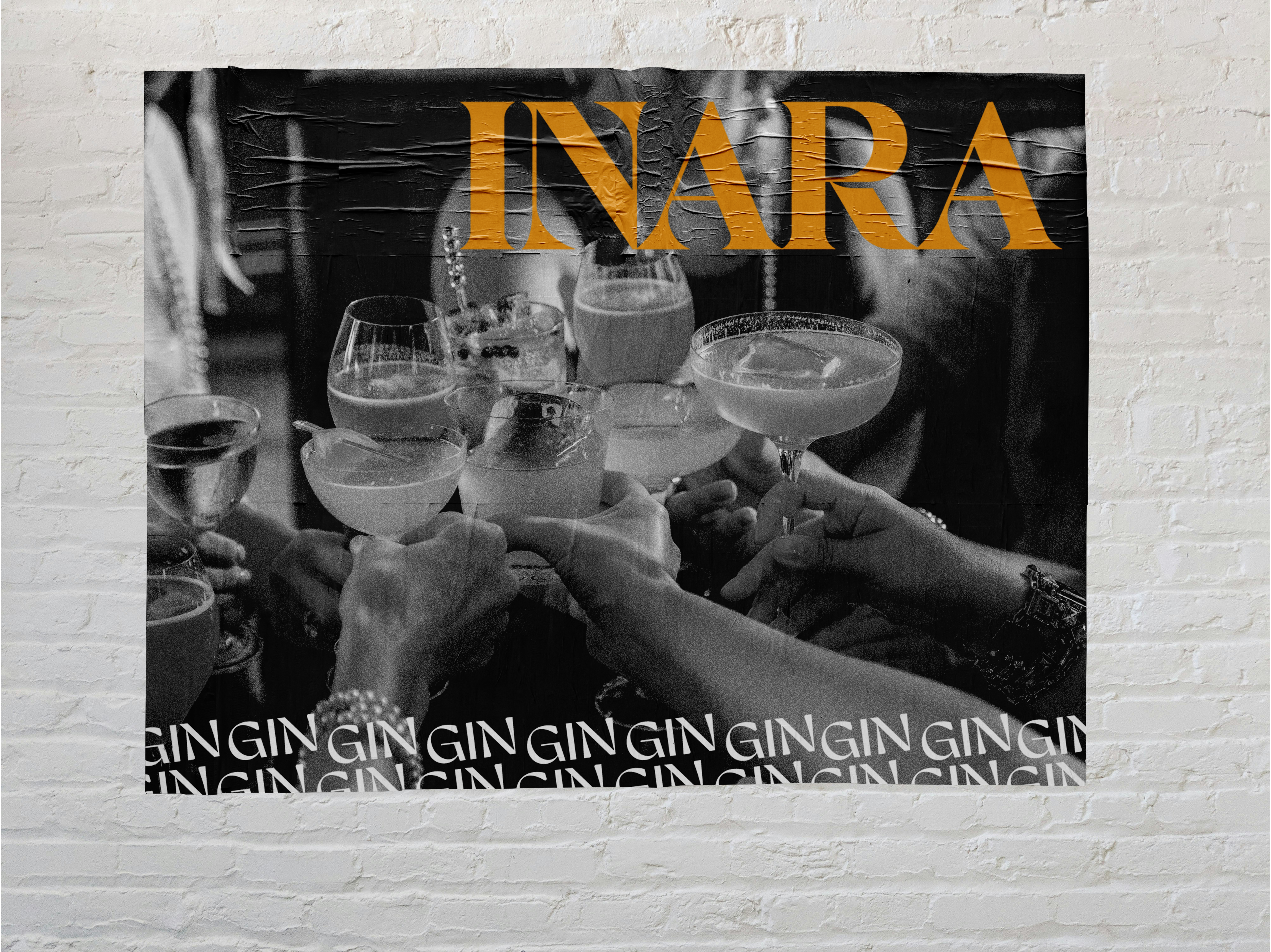 Mockup of a large poster in a white brick wall, advertising Inara Gin