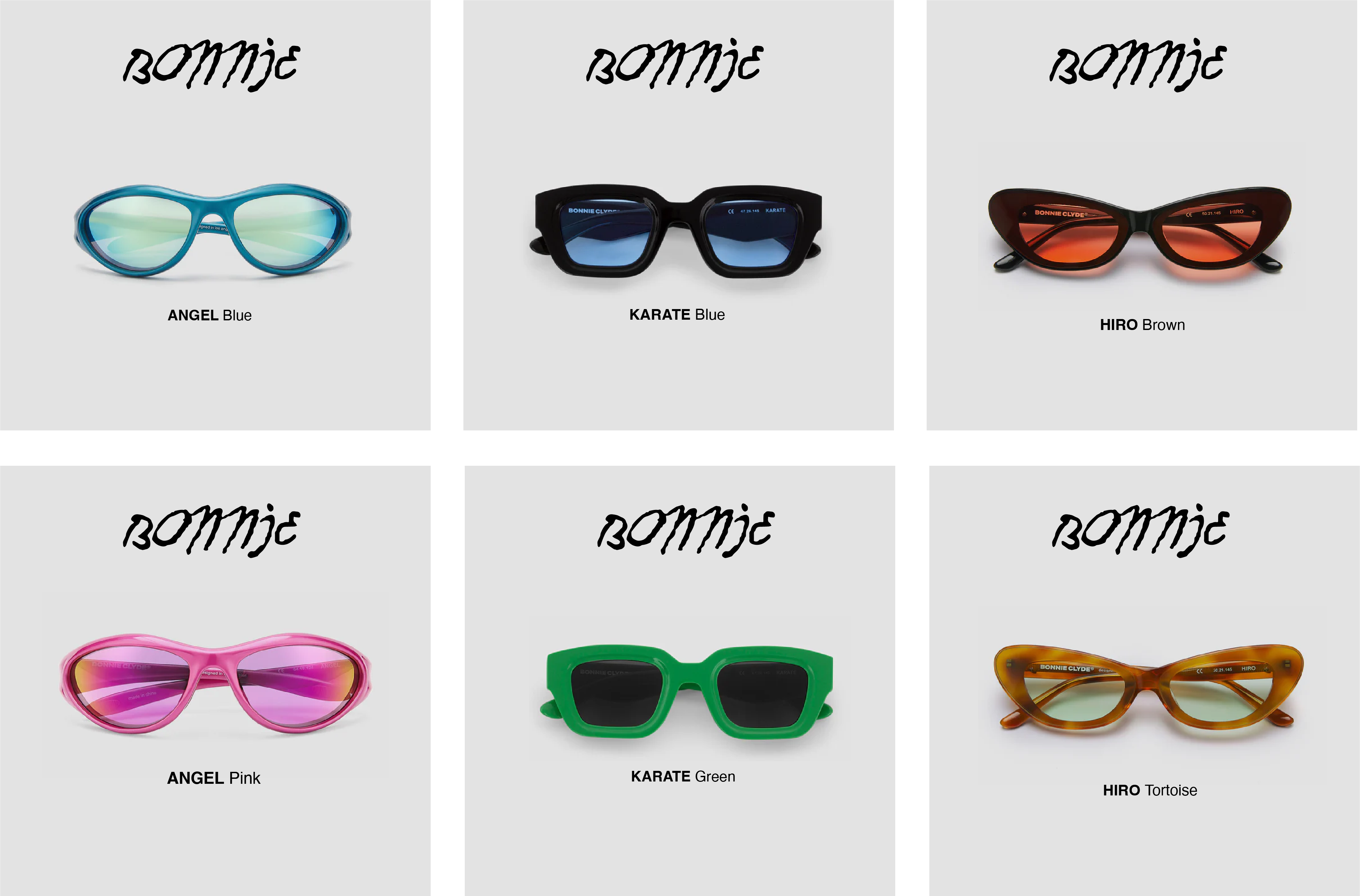 6 pairs of sunglasses with the Bonnie logo at the top of each.