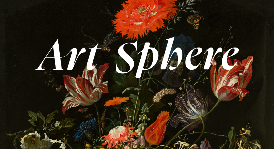 Art Sphere logo in white on an image of a flower painting.